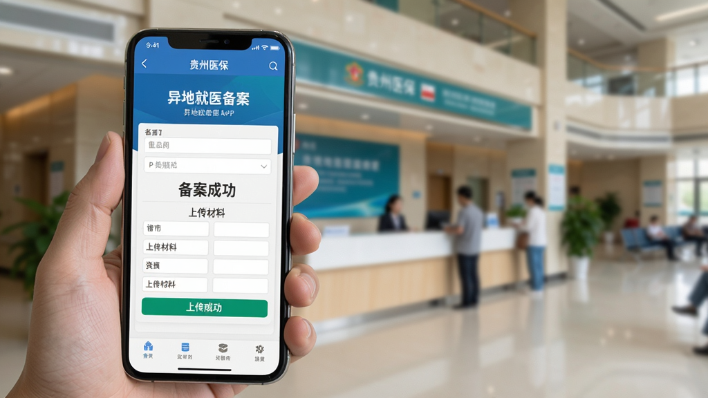 画面主体是一位用户手持手机,手机屏幕显示“贵州医保”APP的异地就医备案页面,页面中有填写信息和上传材料的表单,背景是医院大厅的模糊影像,布局左侧为手机特写,右侧为医院场景,排版左重右轻,风格为写实生活风,细节上手机屏幕显示备案成功提示,画质清晰,画面干净,无多余元素