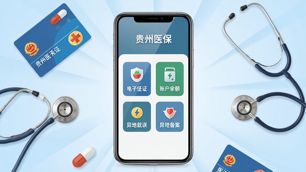 画面主体是一部智能手机,屏幕中显示“贵州医保”APP的首页界面,包含医保电子凭证、账户余额、异地就医备案等图标,手机周围环绕着医保卡、听诊器、药丸等医疗元素,布局以手机为中心呈放射状排列,排版清晰主次分明,风格为现代扁平化科技风,细节上手机屏幕有轻微反光,背景为浅蓝色渐变,画质高清,画面干净,无多余元素
