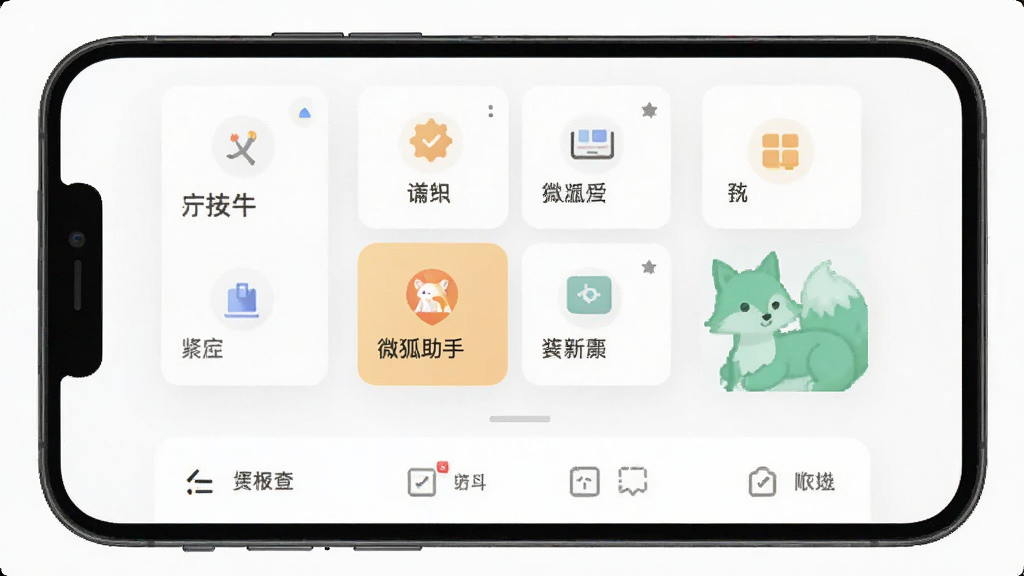 主体为微狐助手应用主界面截图展示,布局为手机屏幕正面平铺,排版整齐,风格为简洁扁平化设计,细节包括底部导航栏和功能卡片,画质清晰干净无多余元素