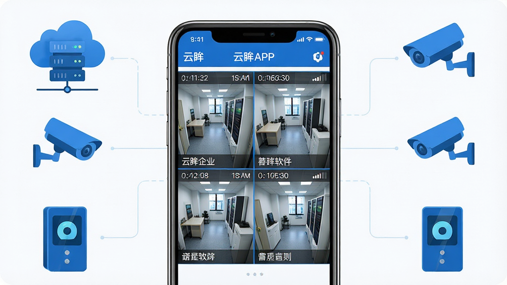 一张展示云眸企业软件整体界面的图片,画面中央是一部智能手机,屏幕上显示着云眸企业APP的多路视频监控画面,包含四个摄像头的实时预览窗口,每个窗口下方标注着设备名称,手机周围环绕着云端服务器、监控摄像头、门禁设备等图标元素,布局简洁有序,排版采用科技蓝与白色为主色调,风格为现代商务科技风,细节上手机屏幕有轻微的界面元素如时间戳、信号图标,画质高清,干净,无多余元素