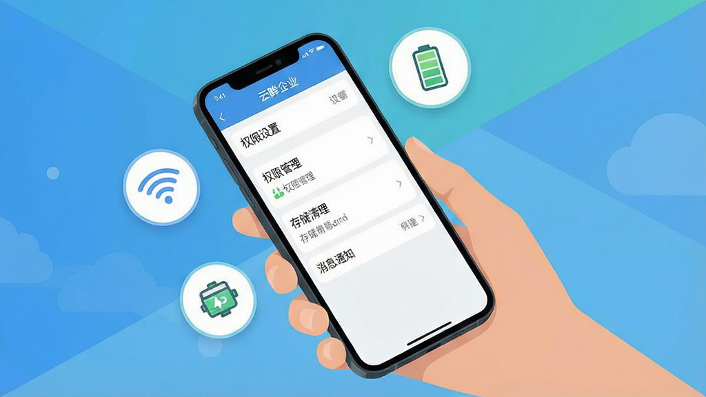 一张展示云眸企业移动端使用技巧的图片,画面中一只手拿着智能手机,屏幕上显示着云眸企业APP的设置界面,包含权限管理、存储清理、消息通知等选项,手机旁边漂浮着几个图标表示Wi-Fi、电池、存储空间,布局采用对角线构图,风格为清新扁平化,细节上屏幕有