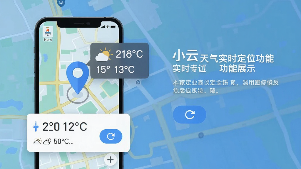 小云天气实时定位功能展示图,主体为手机屏幕显示地图定位标记与天气数据浮层,布局为地图背景叠加信息卡片,排版左图右文,风格为科技感扁平插画,细节包含定位图标、温度数字、刷新按钮,画质高清,干净,无多余元素