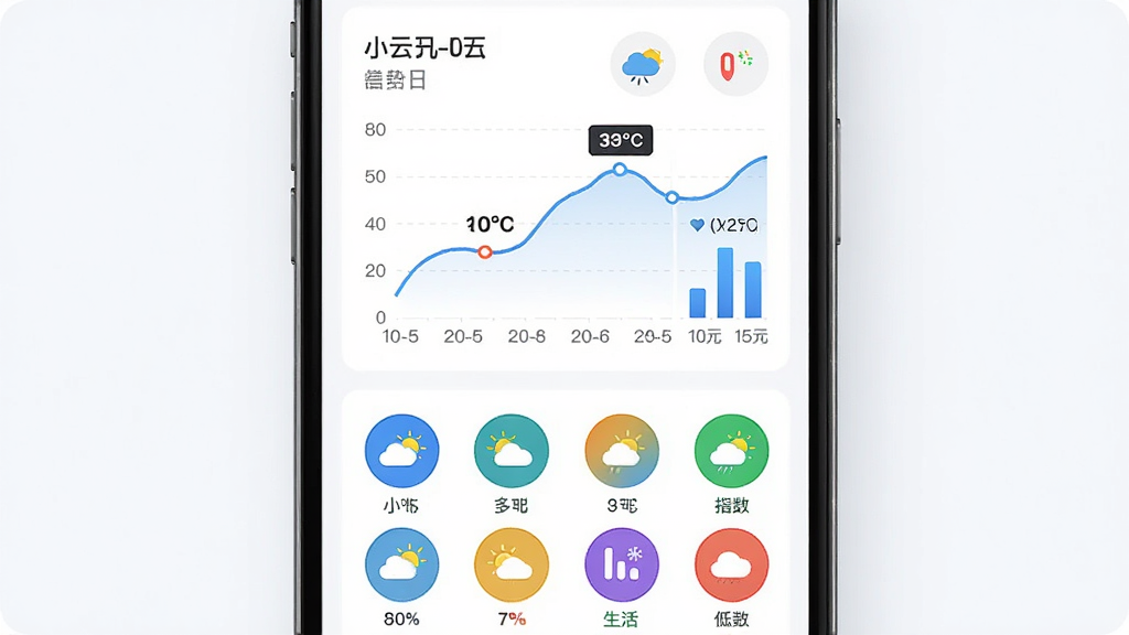 小云天气多日趋势与生活指数面板,主体为手机屏幕显示折线图与圆形指数图标,布局为图表在上、图标网格在下,排版对称,风格为数据可视化轻设计,细节包含温度折线、降水柱状图、彩色生活指数图标,画质高清,干净,无多余元素