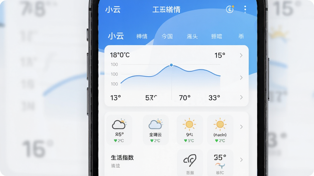小云天气无广告界面展示,主体为手机屏幕显示天气详情页,布局为上下滚动式信息列表,排版整齐,风格为极简清新风,细节包含温度曲线、生活指数图标、无任何广告横幅,画质高清,干净,无多余元素