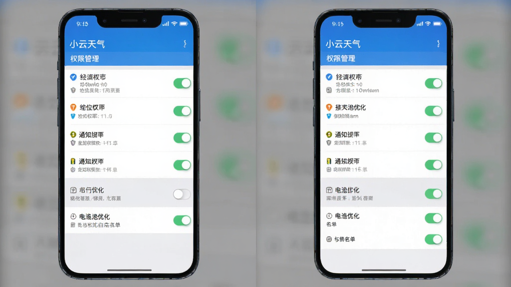 小云天气设置界面与权限管理展示,主体为手机屏幕显示权限开关列表与电池优化选项,布局为纵向列表式,排版清晰,风格为系统设置风格,细节包含定位权限、通知权限、电池优化白名单开关,画质高清,干净,无多余元素
