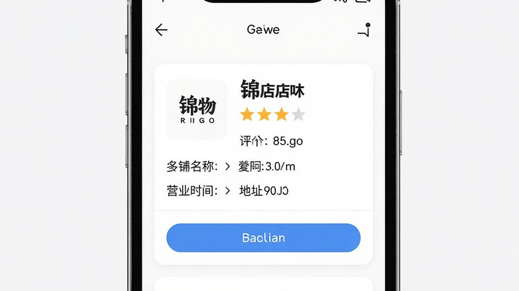 一张展示锦物门店铺信息页面的图片,主体为手机屏幕上的店铺详情卡片,布局采用平铺展示,背景为简洁的白色,排版清晰列出店铺名称、评分、营业时间与地址,风格为清新简约,细节包含品牌logo、星级评分、导航按钮,画质高清,画面干净,无多余元素