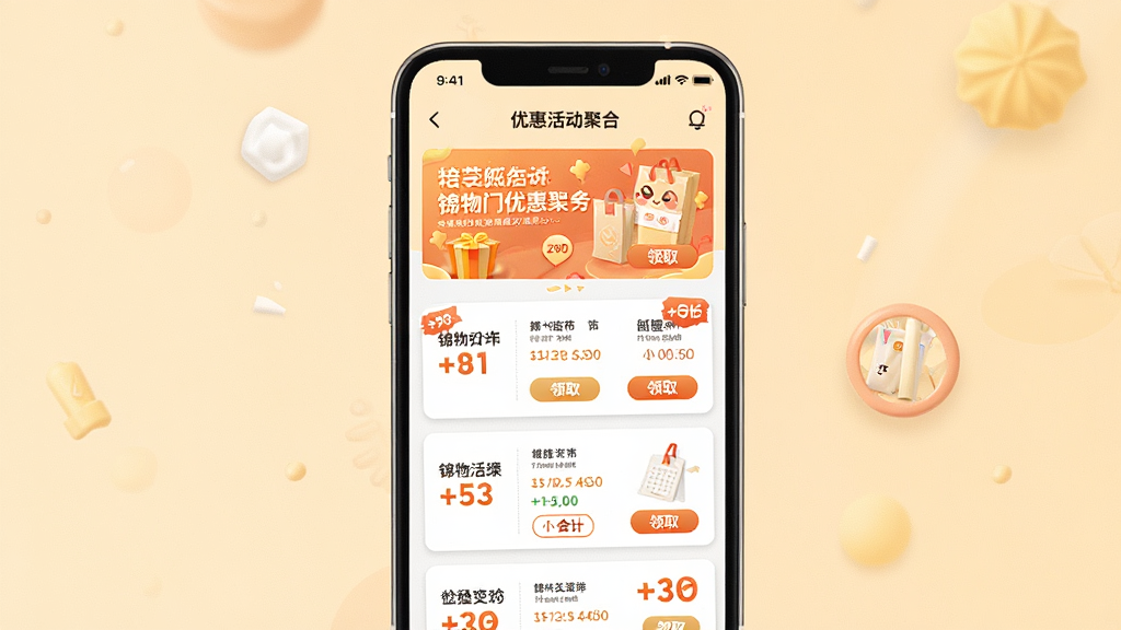 一张展示锦物门优惠活动聚合页面的图片,主体为手机屏幕上的优惠券列表与活动横幅,布局采用上下滚动式排版,背景为柔和的暖色调,风格为活泼商业风,细节包含折扣标签、领取按钮、倒计时提示,画质清晰,画面干净,无多余元素