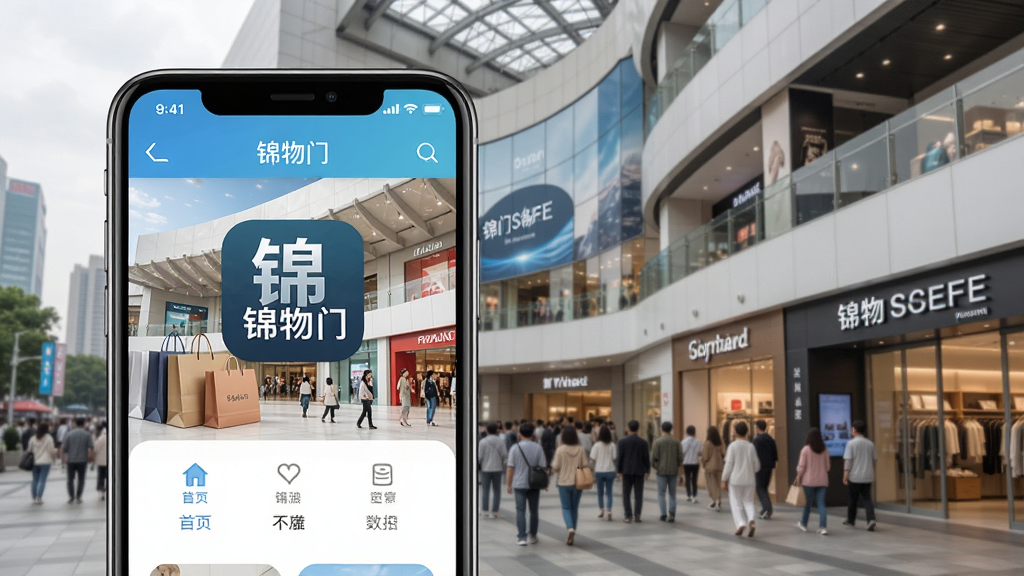 一张展示锦物门应用在手机桌面上运行状态的图片,主体为手机屏幕显示锦物门首页与商场外观,布局采用手机与商场背景合成,排版突出应用图标与导航界面,风格为生活纪实风,细节包含购物袋、人群、店铺招牌,画质高清,画面干净,无多余元素