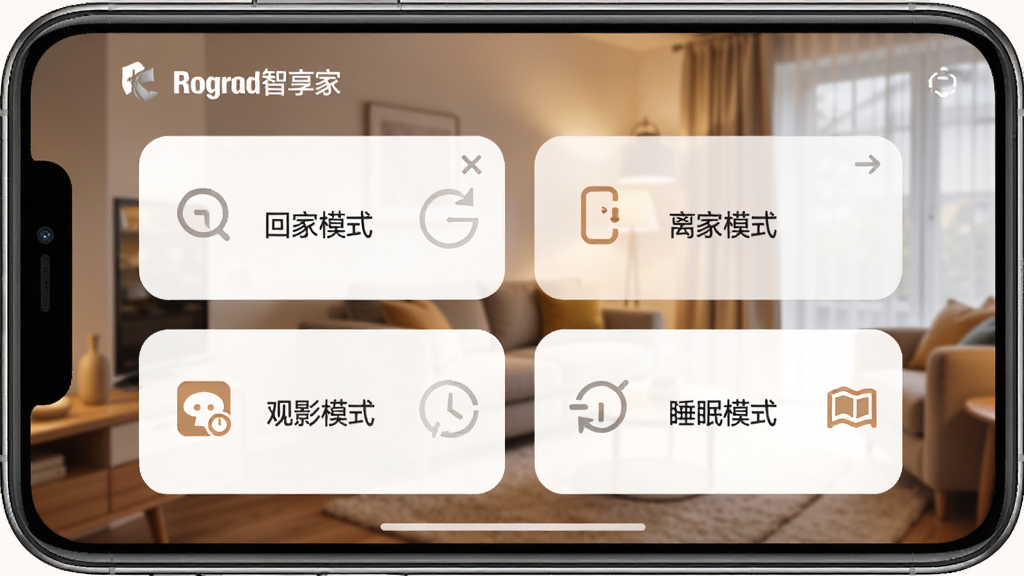 罗格朗智享家App场景执行界面,手机屏幕显示回家模式、离家模式、观影模式、睡眠模式四个大按钮,背景为温馨家居环境,风格简洁明快,画质干净,无多余元素