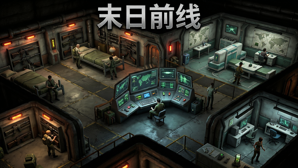一座末日风格的地下避难所内部场景,画面中央是指挥中心控制台,周围分布兵营、医院和研究所等功能建筑,墙壁上有武器架和战术地图,几位幸存者正在忙碌,画面顶部有
