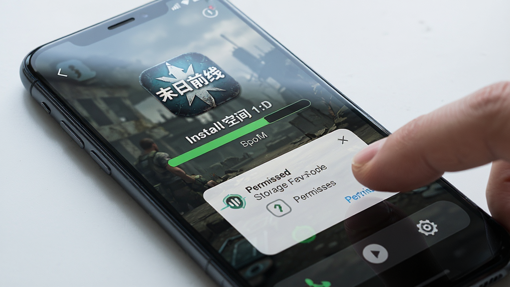 一部智能手机屏幕上显示末日生存游戏的安装界面,画面中有
