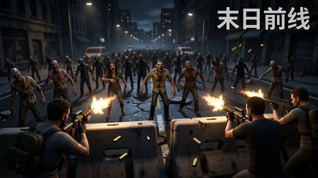 夜晚的城市街道上,大量丧尸从远处涌来,画面近处有几名幸存者正在依托路障射击,枪口火焰照亮周围,画面右上角有