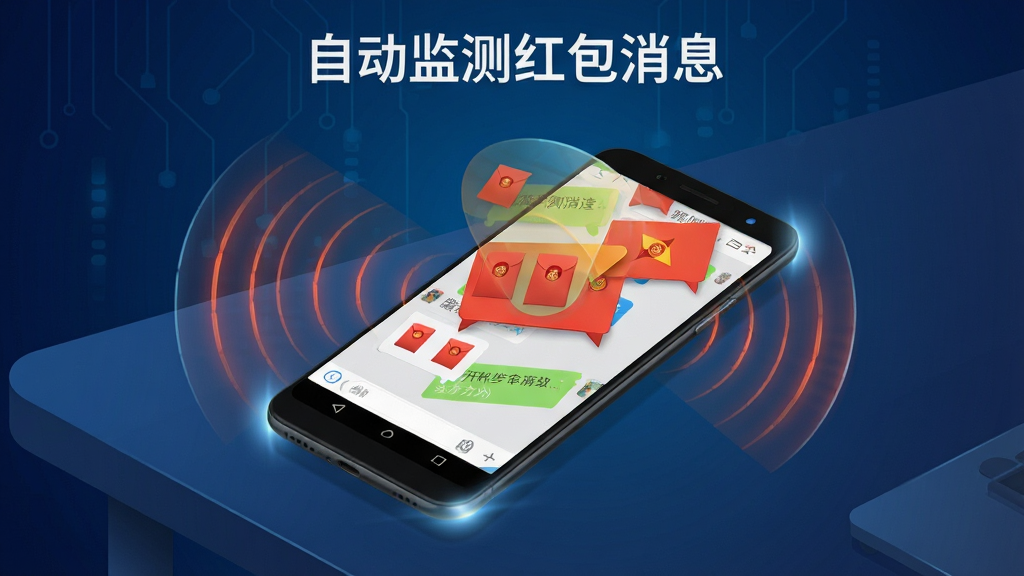 一张以“自动监测红包消息”为主题的AI生图,画面中一部安卓手机放置在桌面上,屏幕显示聊天界面中有多个红包气泡,手机周围有雷达波纹状的扫描线条,象征软件正在自动监测红包消息,背景为深蓝色科技感渐变,布局为居中构图,风格为科技数码插画,细节包括红包图标、雷达波纹、手机光影,画质高清,干净,无多余元素