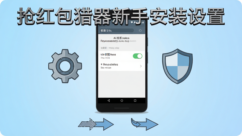 一张以“抢红包猎器新手安装设置”为主题的AI生图,画面中一部安卓手机显示权限设置界面,旁边有齿轮图标和盾牌图标,手机下方有步骤指示箭头,背景为浅蓝色渐变,布局为手机居中、图标环绕,风格为教程类扁平插画,细节包括权限开关、箭头、齿轮纹理,画质高清,干净,无多余元素