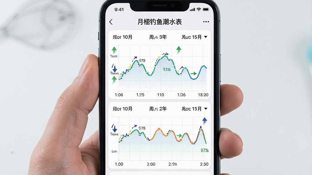 一张展示月相钓鱼潮水表潮汐预报功能的图片,主体为手机屏幕显示七天的潮汐曲线图,布局上下排列,排版整齐,风格为清新简约,细节包括日期标注、潮高数值、涨退潮箭头,画质高清,干净,无多余元素