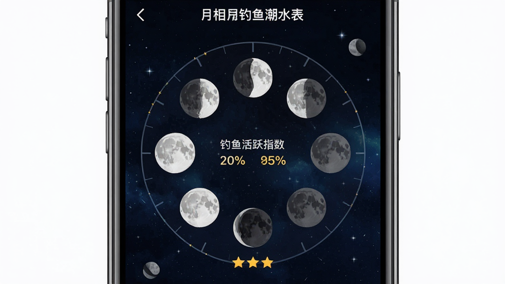 一张展示月相钓鱼潮水表月相解析界面的图片,主体为手机屏幕显示月相盈亏圆盘与钓鱼活跃度指数,布局环形排列,排版对称,风格为深色星空主题,细节包括月亮图标、百分比数值、星级评分,画质高清,干净,无多余元素