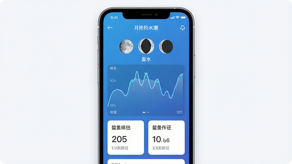 一张展示月相钓鱼潮水表软件界面的图片,主体为手机屏幕显示潮汐曲线与月相图标,布局居中,排版清晰,风格为现代科技感,细节包括蓝色渐变背景、白色数据卡片、月亮盈亏图形,画质高清,干净,无多余元素
