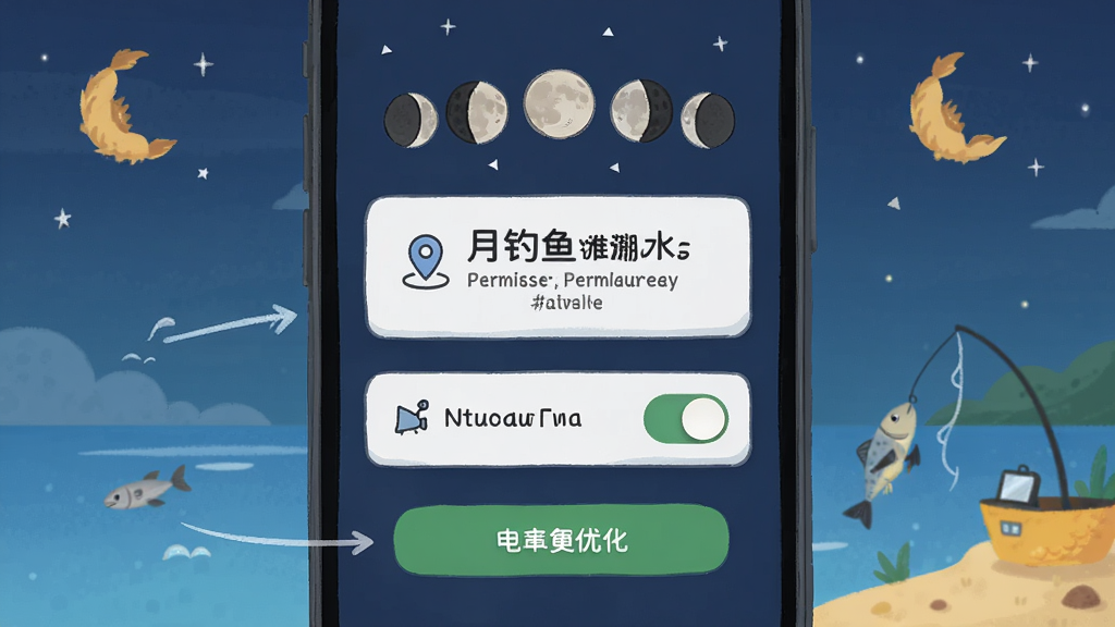 一张展示月相钓鱼潮水表新手设置引导页面的图片,主体为手机屏幕显示权限请求与设置选项,布局分步引导,排版清晰,风格为友好插画风,细节包括定位图标、通知开关、电池优化按钮,画质高清,干净,无多余元素