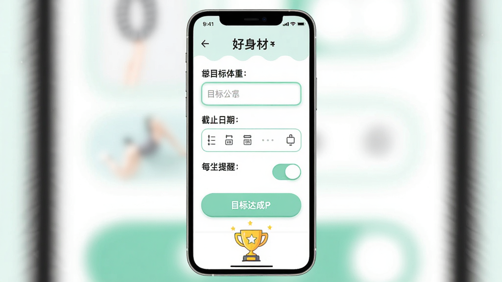 一张手机界面截图风格的图片,展示好身材应用的目标设定页面,页面中有目标体重输入框、截止日期选择器和每日提醒开关。界面配色为白色与薄荷绿搭配,按钮圆润,布局清晰。手机下方有一个小奖杯图标,象征目标达成。整体风格轻快友好,画质干净,无多余元素。