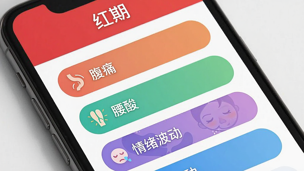 一张红期应用内症状记录页面的手机界面图片,画面中显示多个彩色标签按钮,如“腹痛”“腰酸”“情绪波动”,顶部有“红期”文字,布局为纵向列表,风格清新简约,细节上标签带有小图标,画质干净无杂乱元素