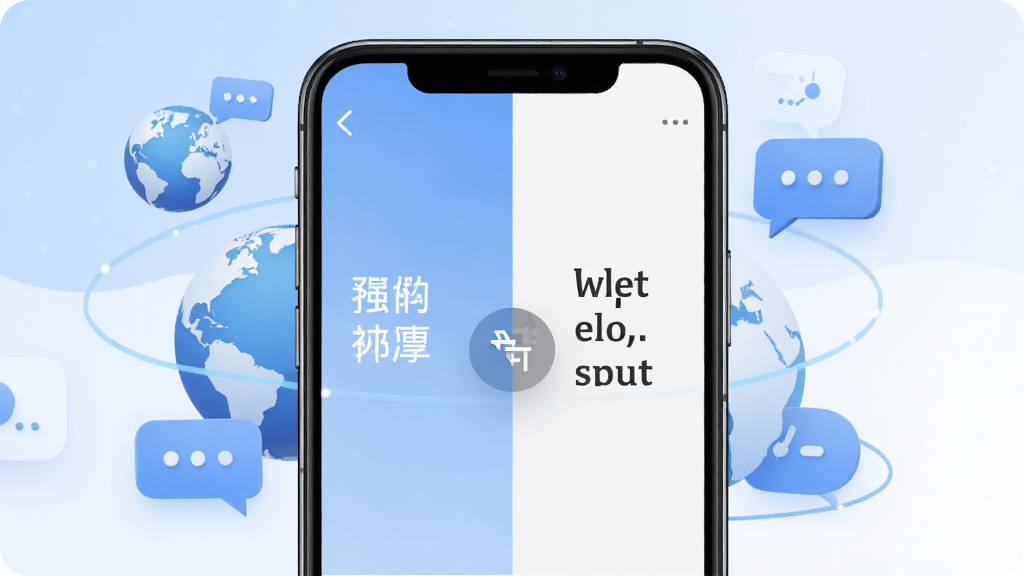 一张展示AI对话翻译通软件界面的图片,画面中央是一部智能手机,屏幕上显示着对话翻译界面,左侧中文右侧英文,中间有翻译箭头图标,背景为柔和的蓝白渐变色调,周围环绕着地球、对话气泡等元素,整体风格简洁现代科技感强,画面干净清晰,画质细腻,无多余杂乱元素