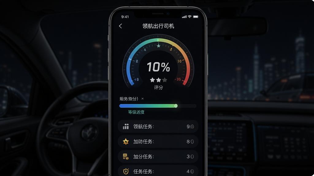 领航出行司机端服务分成长页面,主体为手机屏幕内评分仪表盘与等级进度条,布局为居中仪表样式配合下方任务列表,风格为运动科技感深色主题,细节包括星级图标与加分任务条目,画质锐利清晰,无多余装饰