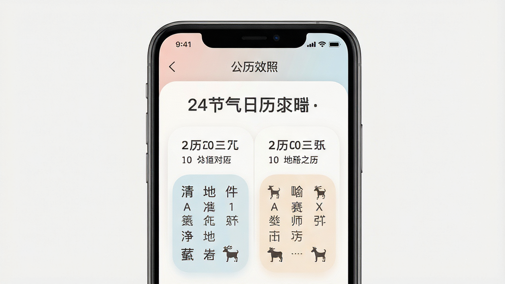 一张展示24节气日历软件公历农历对照界面的图片,画面中央是手机屏幕,屏幕上同时显示公历日期和对应的农历信息,包括天干地支和生肖,界面配色柔和,排版对称工整,风格简洁大方,细节精致,画质高清,干净整洁,无多余元素