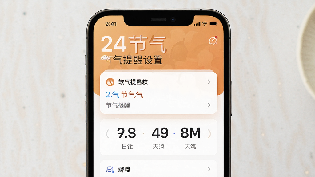 一张展示24节气日历软件提醒设置界面的图片,画面中央是手机屏幕,屏幕上显示节气提醒设置选项和倒计时天数,界面配色温暖,排版清晰,风格简约现代,细节到位,画质高清,干净整洁,无多余元素