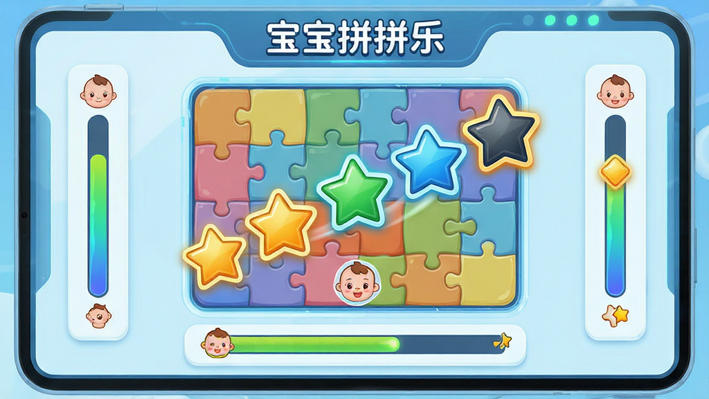 宝宝拼拼乐智能难度调整功能展示,画面主体是拼图游戏界面中的难度星级动态变化效果,布局为中央拼图区域搭配周围难度指示条,排版简洁明了,风格为科技感与卡通感结合的设计风格,细节包括动态星级图标、进度条、宝宝头像,画质高清干净无多余元素,画面中标注文字“宝宝拼拼乐”
