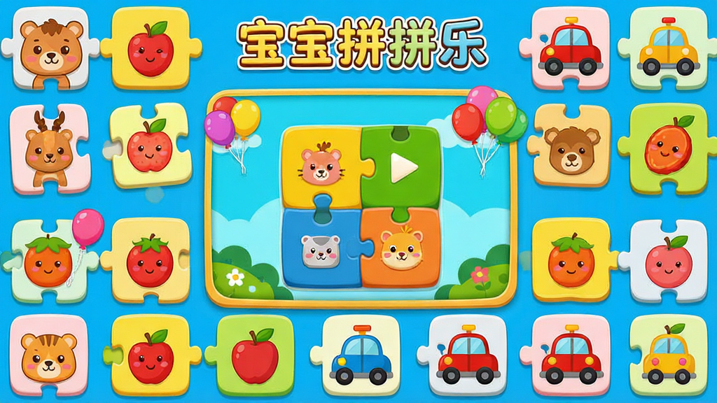 宝宝拼拼乐软件主界面全景展示,画面中央是卡通风格的拼图游戏区域,四周分布动物、水果、交通工具等主题拼图碎片,整体布局清晰有序,排版采用儿童友好的大按钮设计,风格为明亮活泼的扁平卡通风格,细节包括圆润的拼图块、微笑的小动物形象、彩色气球装饰,画质高清干净无多余元素,画面中标注文字“宝宝拼拼乐”