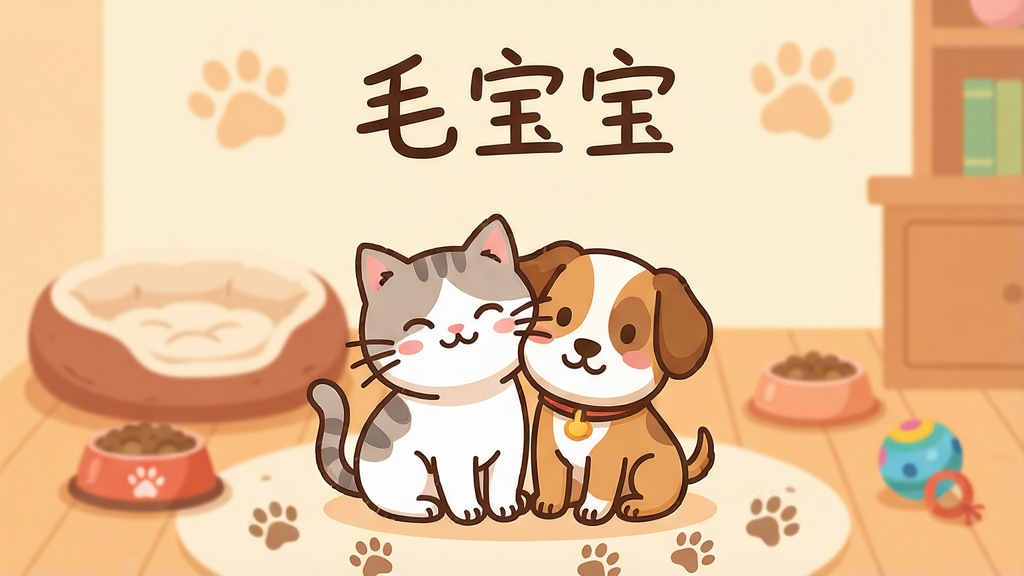 一张温馨的手机应用界面展示图,画面中央是一只可爱的卡通猫咪和一只卡通小狗依偎在一起,背景是柔和的暖色调房间,有宠物窝、食盆和玩具球。画面顶部有“毛宝宝”三个字的手写体标题,整体布局采用居中构图,风格为扁平化卡通插画,细节包括猫咪的胡须、小狗的耳朵、地板上的爪印图案,画质清晰干净,色彩明亮温暖,无多余元素。