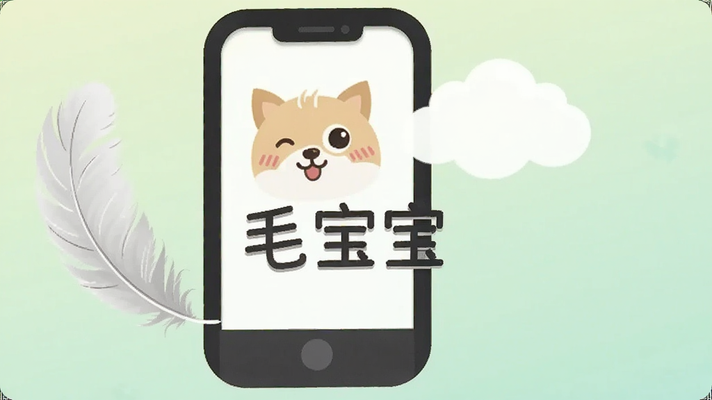 一个卡通手机图标旁边有一个轻盈的羽毛和一片云朵,手机屏幕上显示着宠物笑脸,背景是淡绿色的渐变。画面中央写有“毛宝宝”文字,构图简洁居中,风格为极简扁平插画,细节包括手机的圆角轮廓、羽毛的细腻纹理,画质干净清爽,无多余元素。