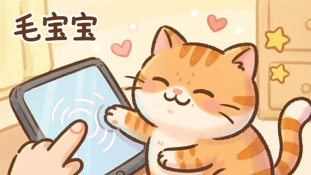 一只卡通风格的橘猫正眯着眼睛享受抚摸,屏幕上有手指触碰的波纹效果,周围漂浮着爱心和星星图标,背景是淡黄色的温馨房间。画面左上角写有“毛宝宝”字样,构图以猫咪为中心,风格为治愈系手绘插画,细节包括猫咪毛发的柔和渐变、屏幕上的互动光效,画质干净明亮,无多余元素。