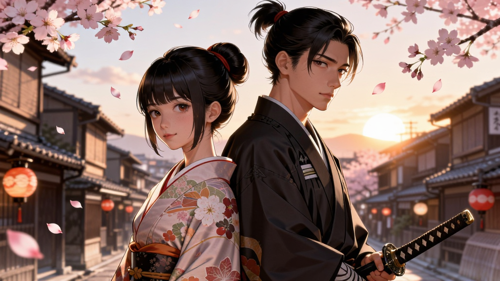 主体是一位身着和服的少女与一位佩戴武士刀的英俊武士背靠背站立,布局采用左右均衡构图,排版以人物为视觉中心,风格为日式和风唯美插画,细节包含飘落的樱花花瓣、远处隐约的京都街道和夕阳余晖,画质高清细腻、干净通透、无多余元素