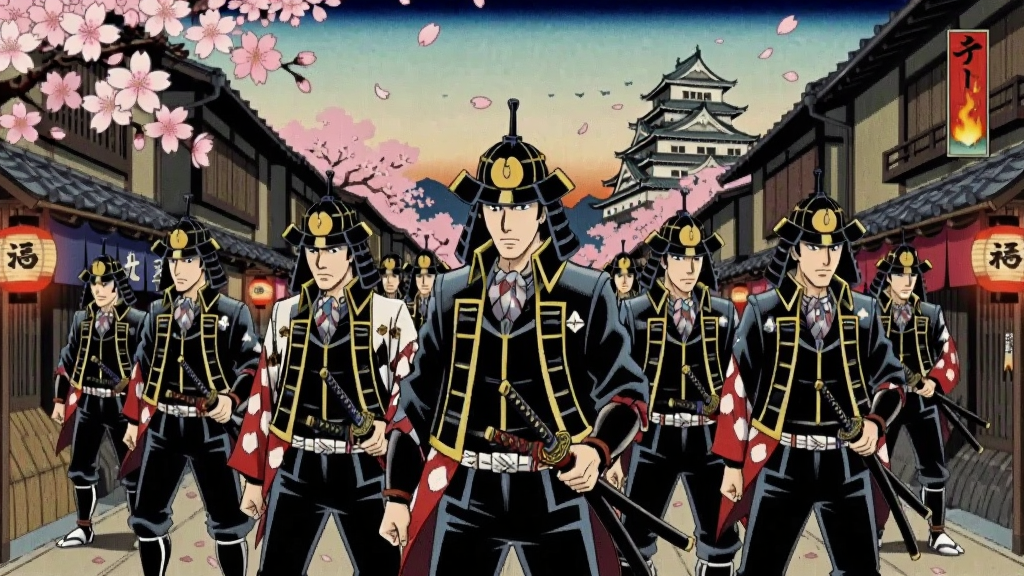 主体是古色古香的京都街道与身着新选组队服的武士群像,布局为横向长卷式展开,排版将主要角色置于画面中央,风格为日式浮世绘与现代插画结合,细节包含飘落的樱花、燃烧的灯笼、远处若隐若现的城池,画质精美、干净、无多余元素