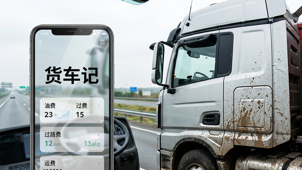 画面主体是一辆行驶在高速公路上的重型卡车,驾驶室内的中控台位置悬浮着一个半透明的智能手机界面,界面上清晰显示着“货车记”三个大字以及油费、过路费、运费等记账类目模块。布局采用三分法构图,卡车占据画面右侧,左侧留白处展示手机界面。整体风格为写实商务风,细节上要求卡车车身有轻微泥点显得真实,手机屏幕有轻微反光质感,画质清晰,干净,无多余元素。