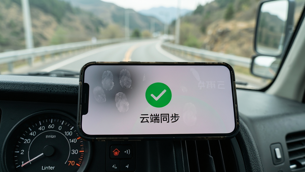 画面主体是一部手机放置在卡车仪表盘上,手机屏幕显示“货车记”云端同步成功的绿色对勾动画,背景是车窗外模糊的山区公路景象。布局为前景实后景虚的构图,风格为写实生活风,细节上要求仪表盘有里程表刻度,手机屏幕有轻微指纹痕迹,画质清晰,干净,无多余元素。