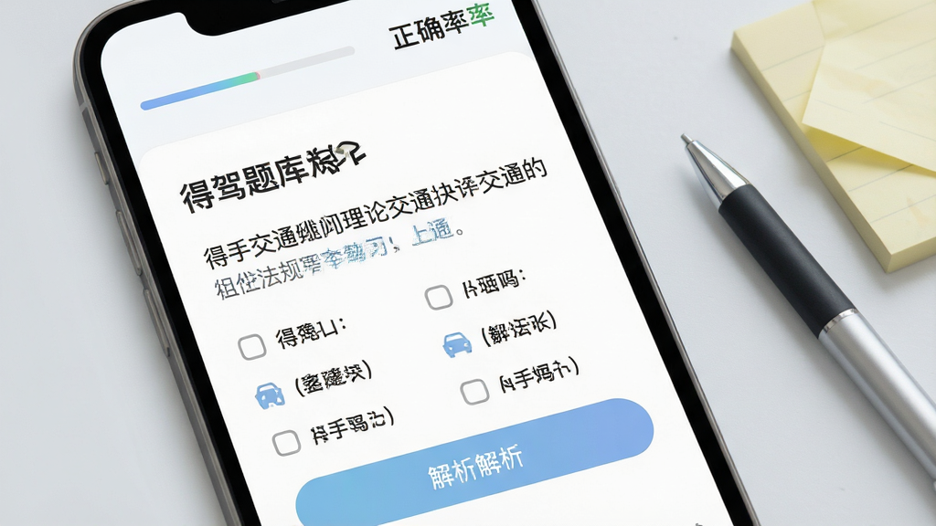 手机屏幕特写,显示“得手驾园”理论题库练习界面,题目为一道交通法规选择题,下方有四个选项和解析按钮。屏幕上方有进度条和正确率统计。背景为简洁的浅灰色桌面,旁边放着一支笔和便签纸。风格为清新扁平化,色彩柔和。细节上题目文字清晰可读。画质高清,干净,无多余元素。