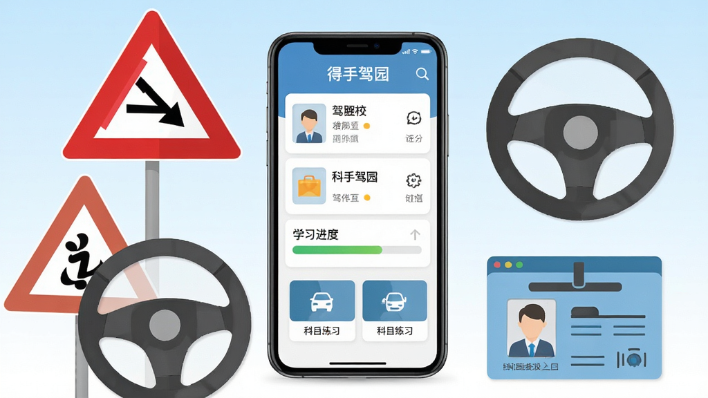 画面中央放置一部智能手机,屏幕显示“得手驾园”应用主界面,界面中包含驾校列表、学习进度条与科目练习入口。手机周围环绕交通标志、方向盘、驾驶证等元素,采用扁平化插画风格,背景为浅蓝到白色的渐变。布局简洁,主体突出,排版居中。细节上交通标志颜色准确,图标清晰。画质高清,干净,无多余元素。