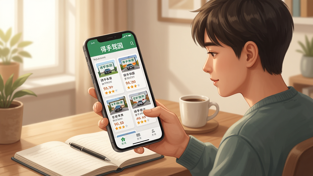 一位年轻人坐在书桌前,手持手机浏览“得手驾园”驾校列表页面,屏幕上显示多家驾校卡片,卡片上有价格标签与评分星级。背景是温馨的室内环境,桌上有笔记本和咖啡杯。风格为写实插画,光线柔和。布局上手机屏幕内容清晰可见。细节上驾校卡片信息排版整齐。画质高清,干净,无多余元素。