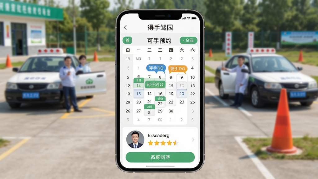 手机屏幕显示“得手驾园”教练预约界面,日历上标注了可预约时段,下方有教练头像和评价星级。背景是驾校训练场,有教练车和标杆。风格为写实与扁平结合,光线明亮。细节上日历和按钮设计清晰。画质高清,干净,无多余元素。