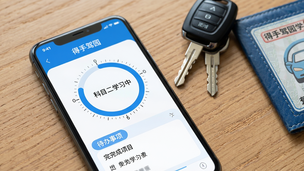 手机屏幕显示“得手驾园”学车进度页面,页面中央是一个环形进度条,标注“科目二学习中”,下方列出已完成项目和待办事项。手机放置在一张木质桌面上,旁边有车钥匙和驾照封套。风格为现代简约,色调以蓝白为主。细节上进度条刻度清晰。画质高清,干净,无多余元素。