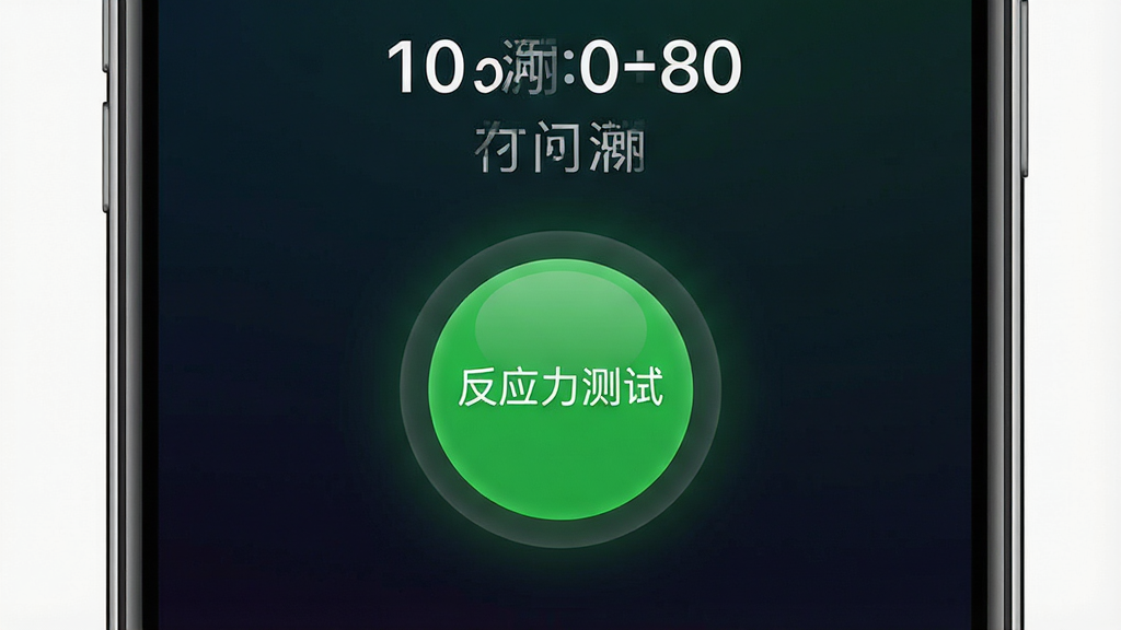一张展示手机屏幕上反应力测试应用界面的图片,画面中央是醒目的绿色圆形按钮,背景为深色渐变,屏幕上方显示反应时间数值,整体风格简洁科技感,排版居中,细节清晰,画质干净,无多余元素,图中文字标注