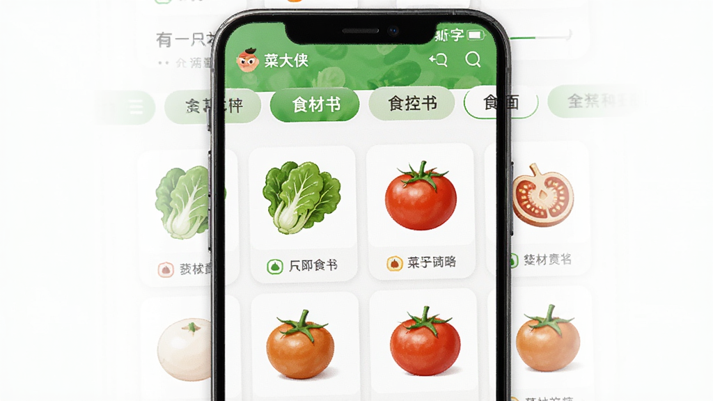 菜大侠App内食材分类页面,画面主体为手机屏幕,布局展示多个食材分类标签和商品网格,排版整齐,风格清新明亮,细节包括翠绿蔬菜、鲜红番茄等图标,画质高清,干净无多余元素。
