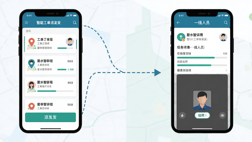 碧水智联智能工单派发场景,画面左侧为管理端手机界面显示工单列表和派发按钮,右侧为一线人员手机界面显示任务详情和拍照上传区域,中间用虚线箭头连接表示流程流转,布局为左右分屏对比,风格为扁平化商务插画,细节包含地图定位图标、人员头像、进度条,画质高清,画面干净,无多余元素