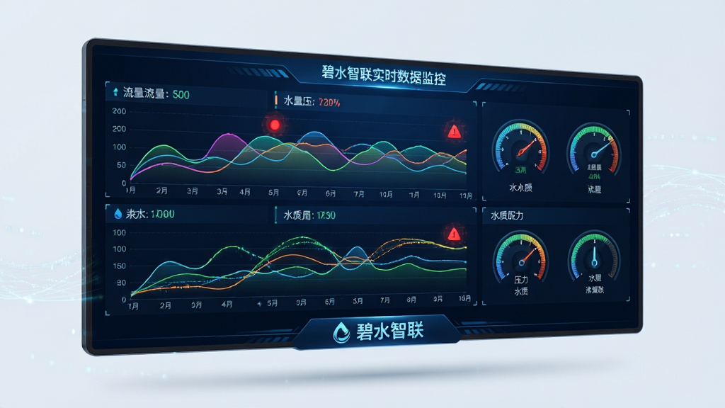 碧水智联实时数据监控界面,画面主体为一块悬浮的数字化大屏,屏幕上显示多条彩色数据曲线和仪表盘,标注流量、压力、水质等指标,屏幕下方有碧水智联的Logo,布局为横向展开,风格为未来科技感,细节包含闪烁的预警红点、动态数据流线条,画质高清,画面干净,无多余元素