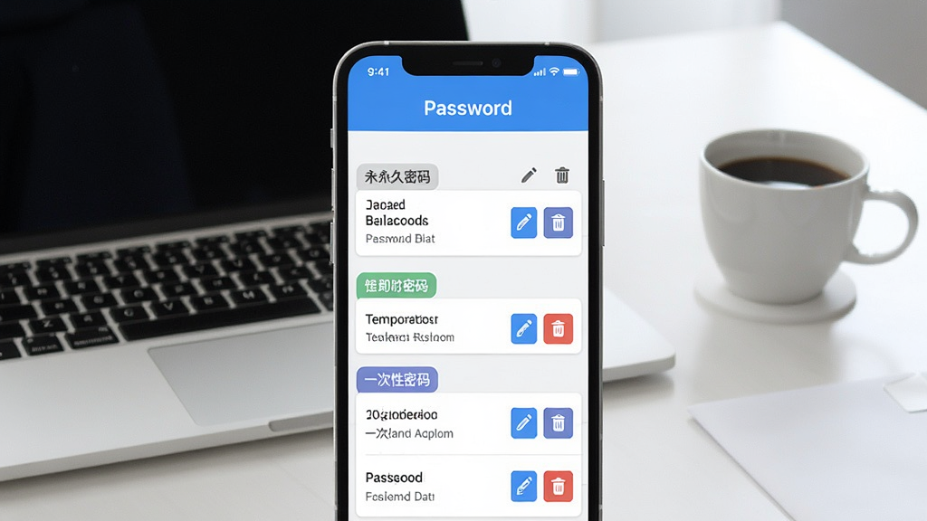 一张展示锁通通密码管理功能的界面截图,手机屏幕上清晰显示密码列表,包含永久密码、临时密码、一次性密码等分类标签,每个密码条目旁有编辑和删除按钮,背景是简洁的办公桌面,有笔记本电脑和咖啡杯,风格商务简约,画质清晰,干净,无多余元素