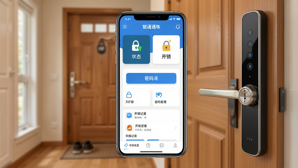 一张展示锁通通软件主界面的手机应用截图,画面中央是一部智能手机,屏幕上显示锁通通APP的首页,界面包含门锁状态卡片、开锁按钮、密码管理、开锁记录等模块,背景是温馨的家庭玄关场景,有木质门和智能门锁实物,整体风格简洁现代,色彩以蓝白为主,画质清晰,干净,无多余元素
