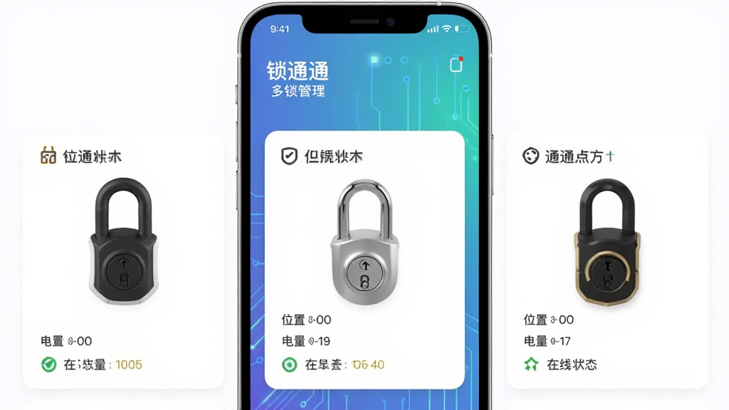 一张展示锁通通多锁管理界面的手机截图,屏幕上以卡片形式排列着三把不同门锁的状态信息,每张卡片显示门锁名称、位置、电量和在线状态,背景是简约的科技感渐变色调,风格现代简洁,画质清晰,干净,无多余元素