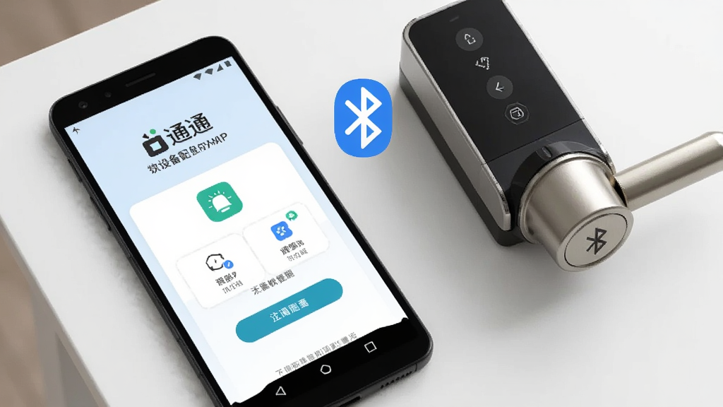 一幅AI生成的手机操作示意图,画面展示一部安卓手机屏幕上显示锁通通APP的设备配对界面,手机旁边有智能门锁实物和蓝牙图标,背景是简洁的白色桌面,风格清晰直观,画质高清,干净,无多余元素